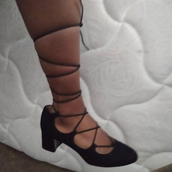 Black Lace-Up Suede Block Heels - Picture 3 of 3